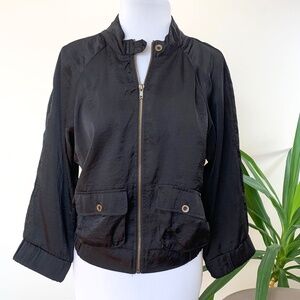 Living Doll Black Satin Zip Front Baseball Jacket